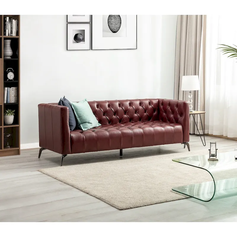 Transitional Genuine Leather Sofa with Metal Legs and Tufted Back