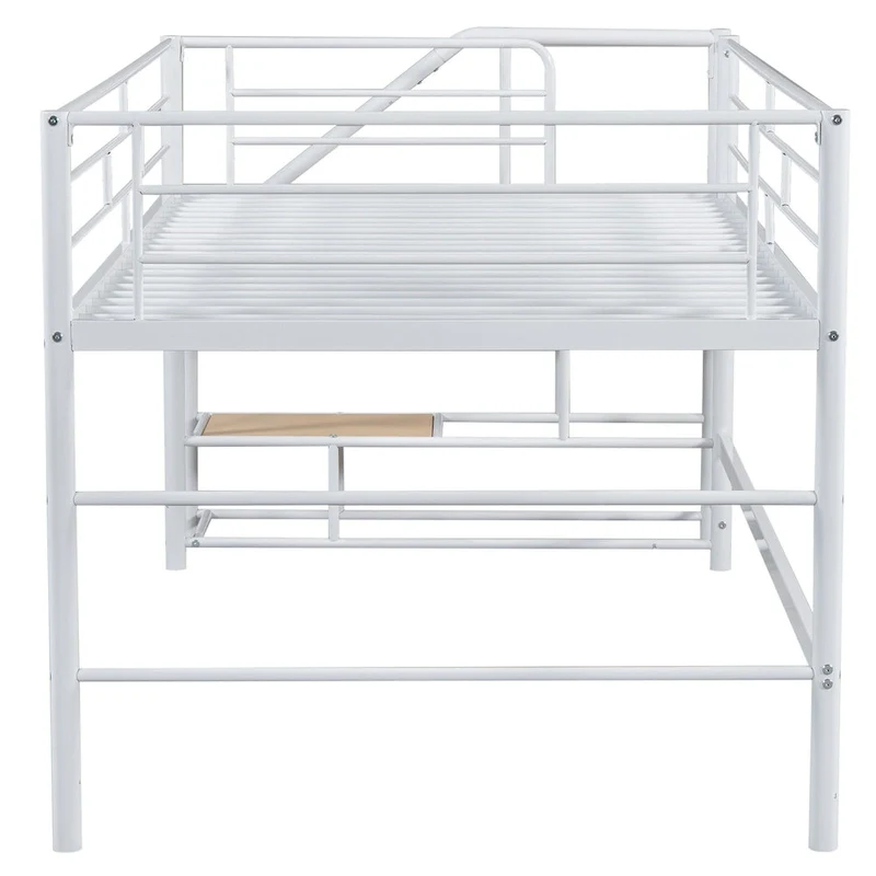White Twin Metal Mid Loft Bed with Storage Stairs | Space-Saving Design