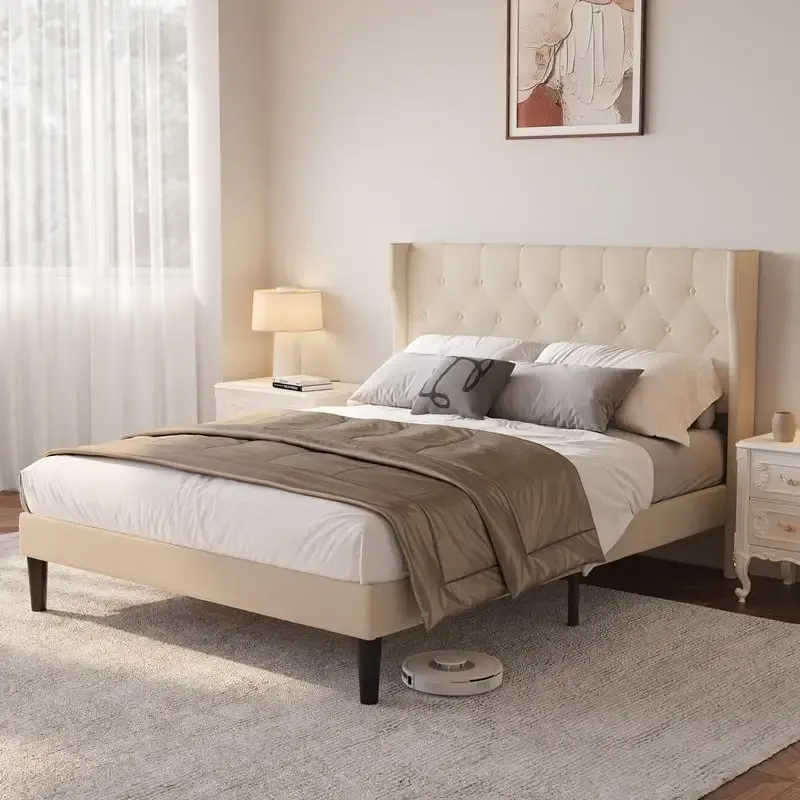 Dark Grey / Beige Velvet Wingback Platform Bed Frame with Button-Tufted Curved Headboard & Steel Frame, Full / Queen, 2-Person