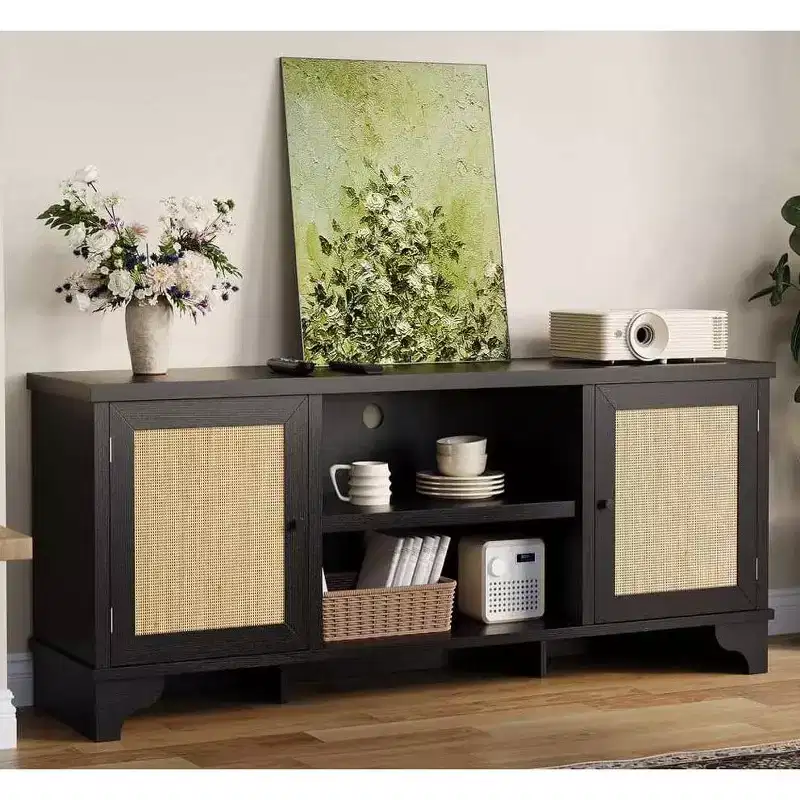 GustoWave Rattan TV Stand Fits TVs Up to 70 Inches, Boho Entertainment Center with Storage, Wooden Media Console Table for Living Room