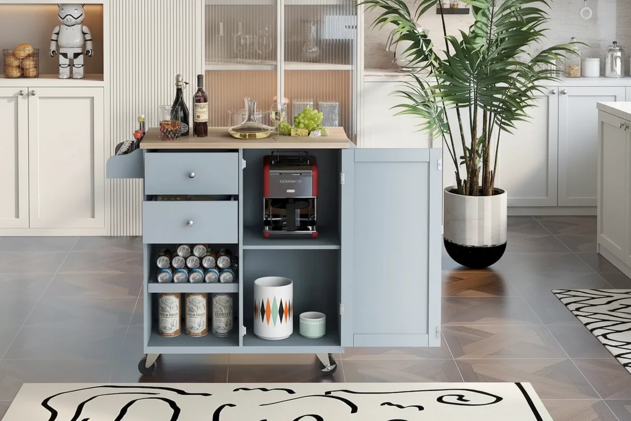 Rubberwood Kitchen Cart with Drop Leaf, Internal Storage Rack, Towel Holder, Spice Rack, and 2 drawers
