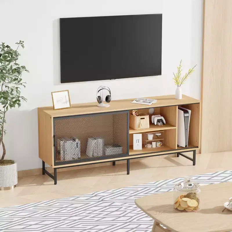 Industrial TV Stand with Metal Mesh Sliding Doors, Modern Wood TV Cabinet Sideboards with Metal Legs, Cable Management Holes, Ample Storage Space