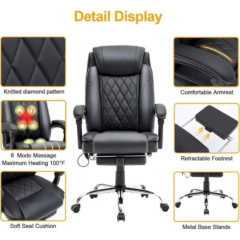 Ergonomic Heated Executive Office Chair with 2/4/6-Point Massage, Retractable Footrest, and PU Leather