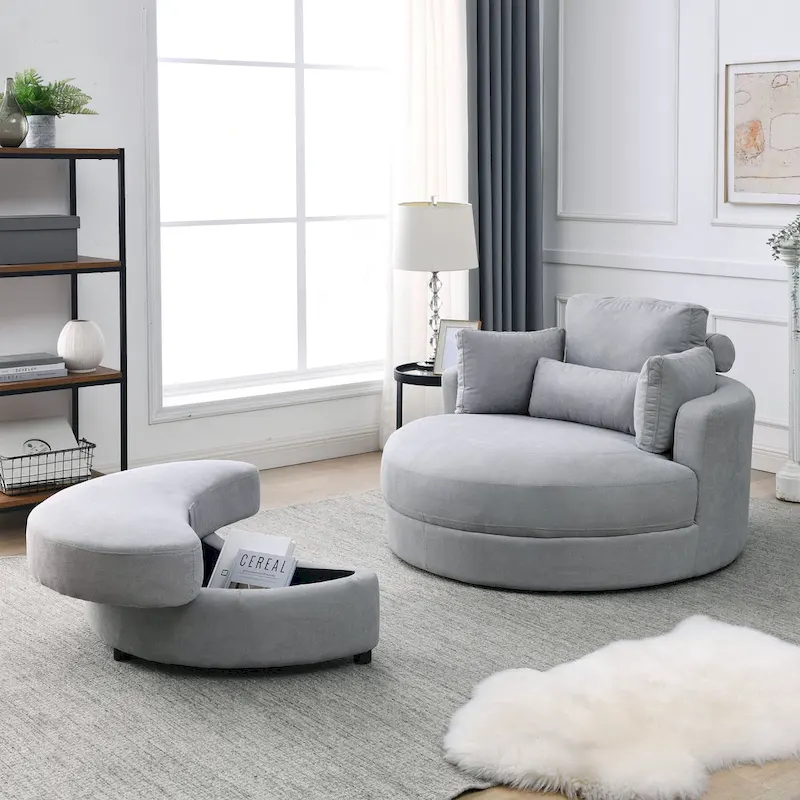 Fabric Swivel Barrel Chair with Storage Ottoman – Light Grey / Beige, Single Seat