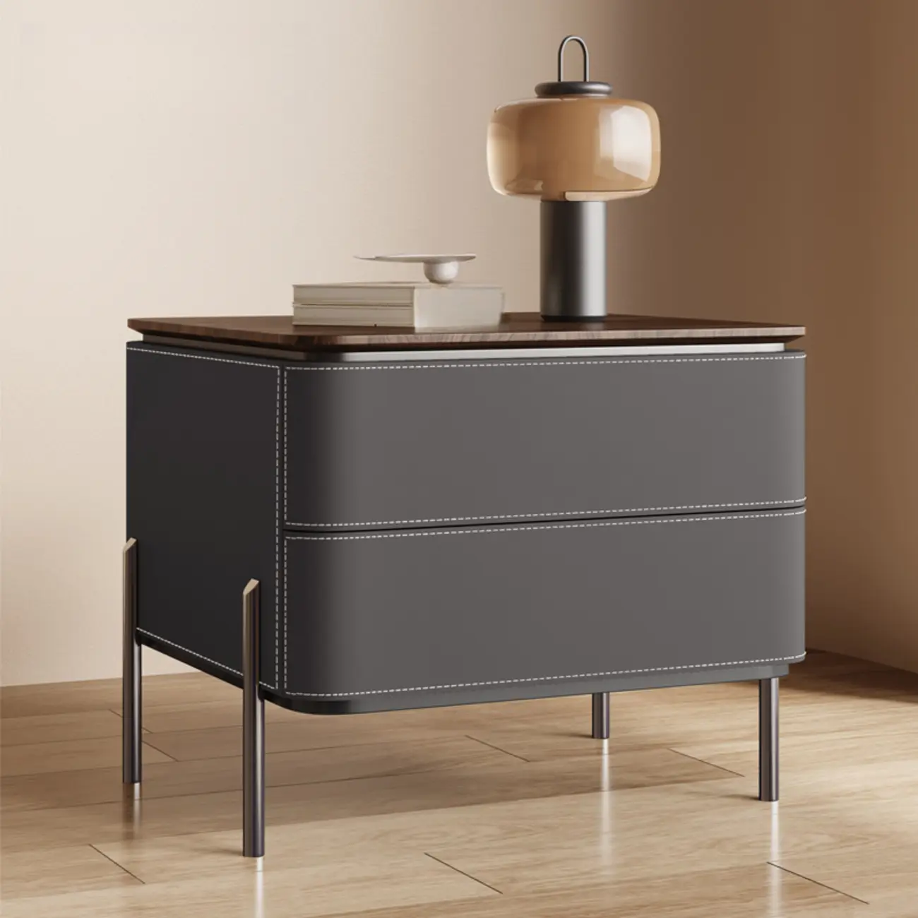 Modern Wood Top Leather Drawer Nightstand Including Metal Legs