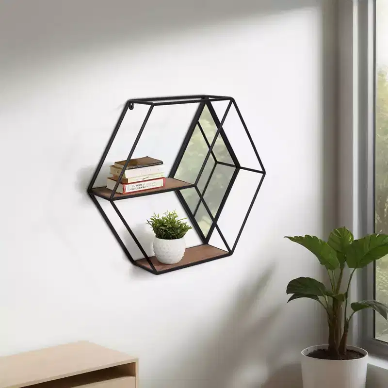 Sagebrook Home 20 Hexagon Mirror Wall Shelf - Contemporary Metal and Wood Black Rustic Mounted Wall Shelf for Home or Office Decor