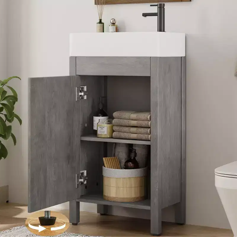 Space-Saving Modern Bathroom Vanity with basin - 16 Inch Freestanding Wooden Cabinet, Metal Handle, Farmhouse Style, Easy Assembly