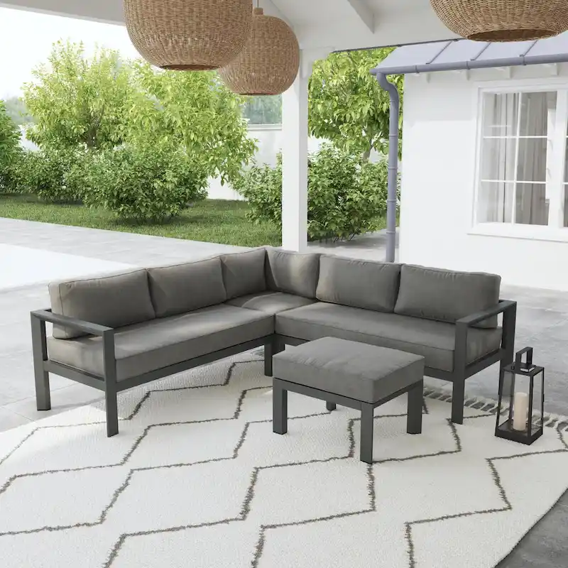 Grayton Gray Aluminum 5 Seat Sectional w/ Ottoman - 87 x 32 x 87