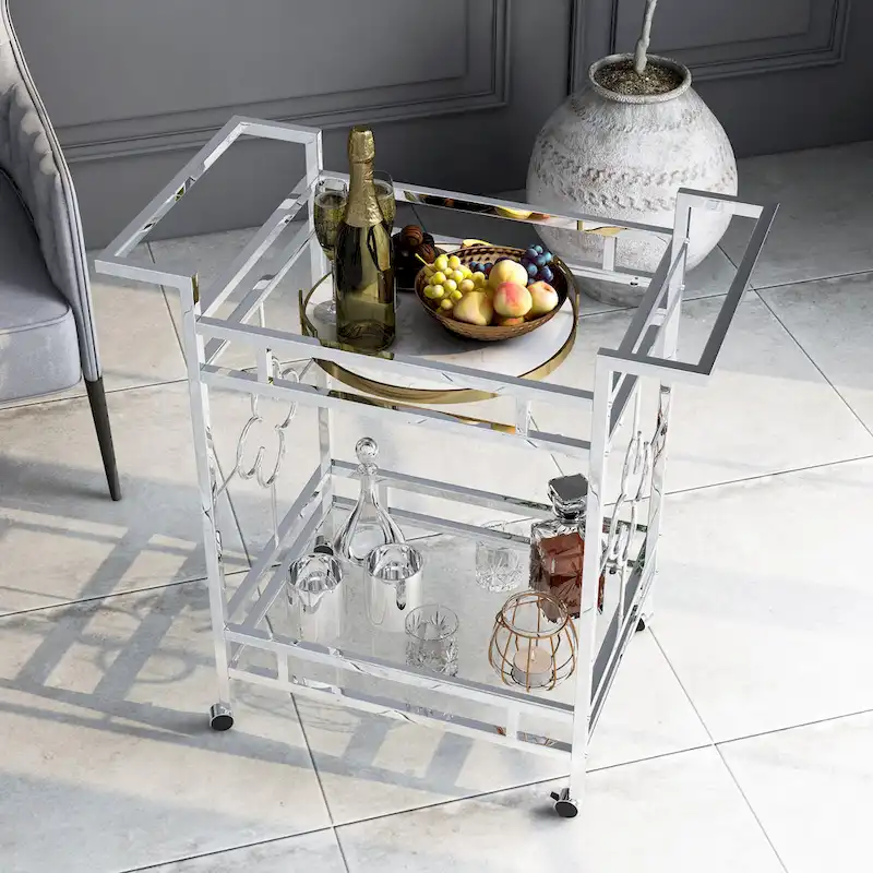 Foroka Contemporary Chrome 2-Shelf Serving Cart with Casters by