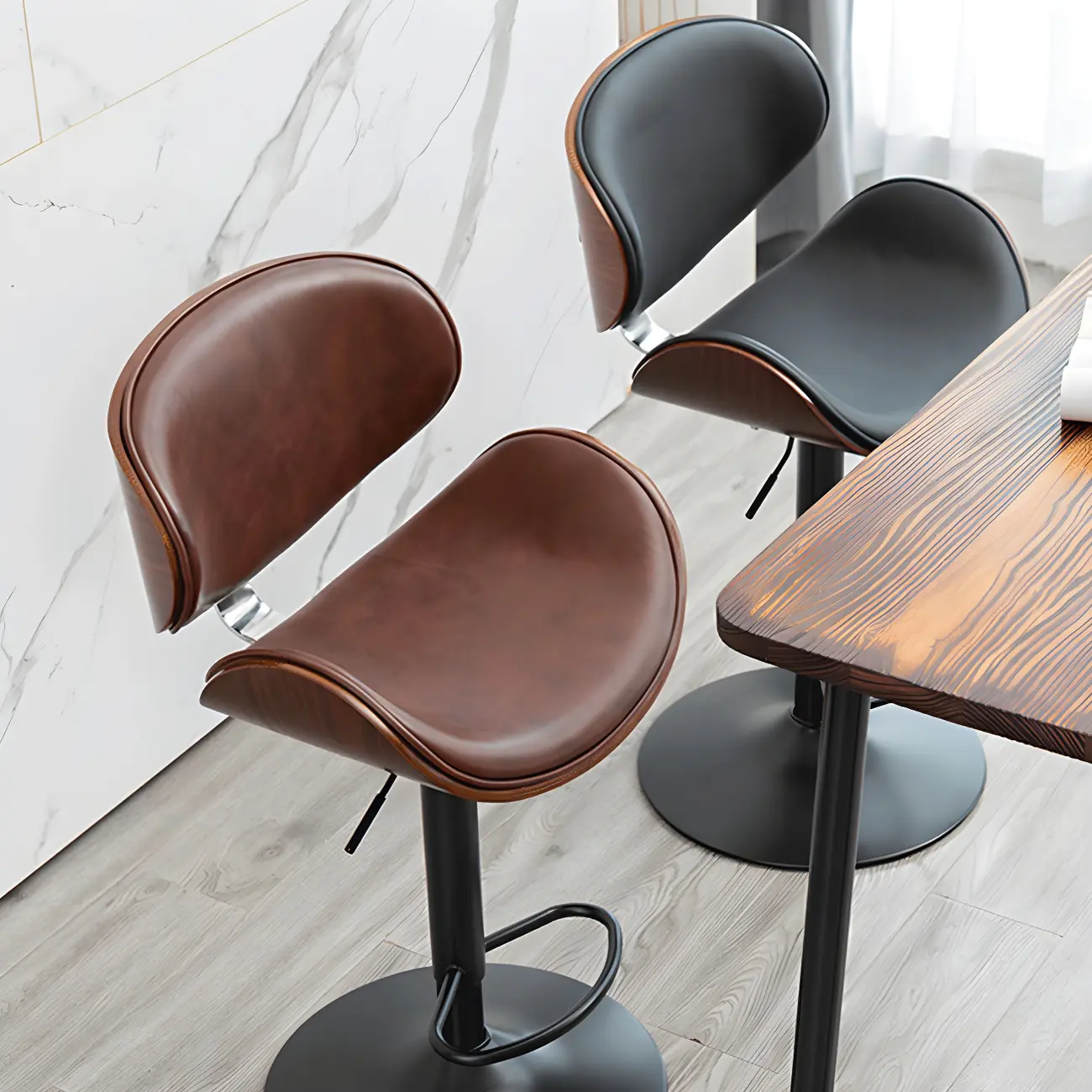 Modern Adjustable Leather Swivel Bar Stools with Backs