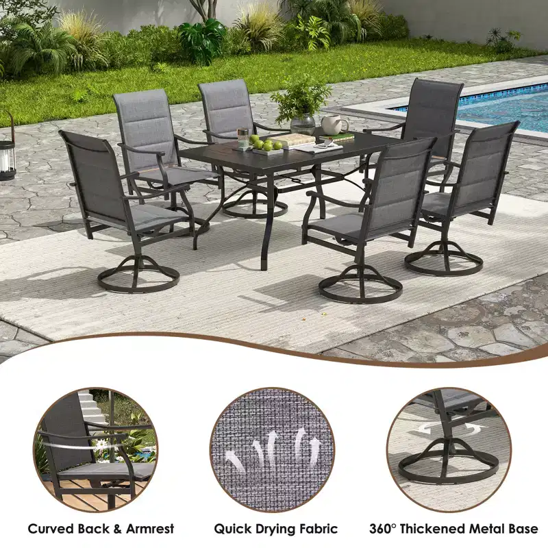 GDFStudio Aiko Modern Metal Patio Swivel Dining Chairs with Padded Textilene Fabric (Set of 2)