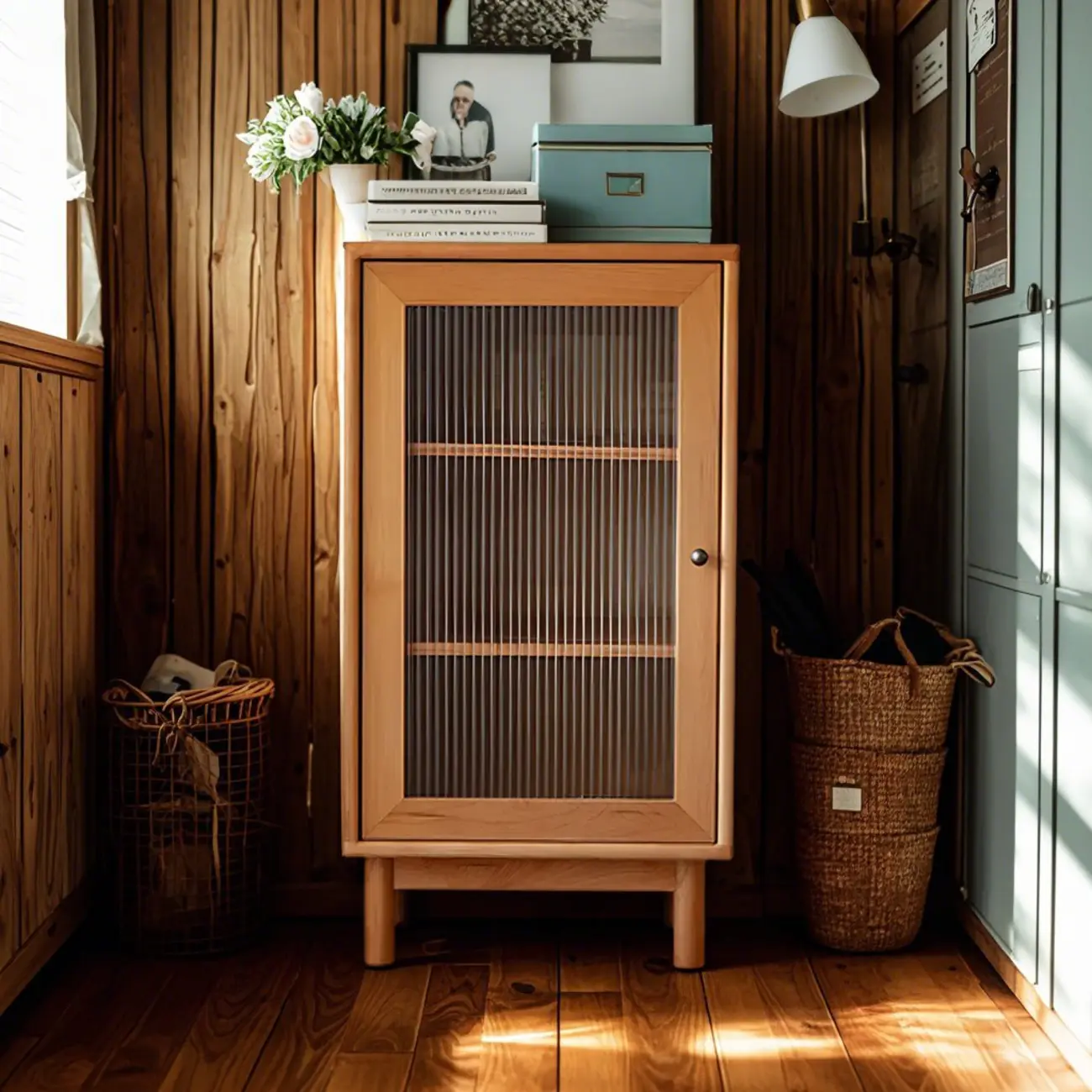Scandinavian Natural Finish Cherry Wood Bachelor Chest with Shelves