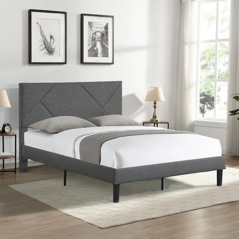 Grey Queen Upholstered Platform Bed with Wood Slat Support