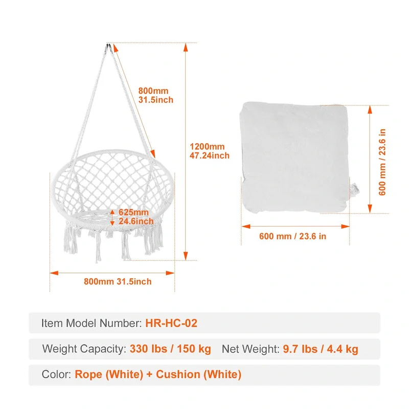 Hanging Hammock Swing Chair, Macram Hanging Chair with Cushion and Mounting Hardware, Cotton Rope Swing Chair