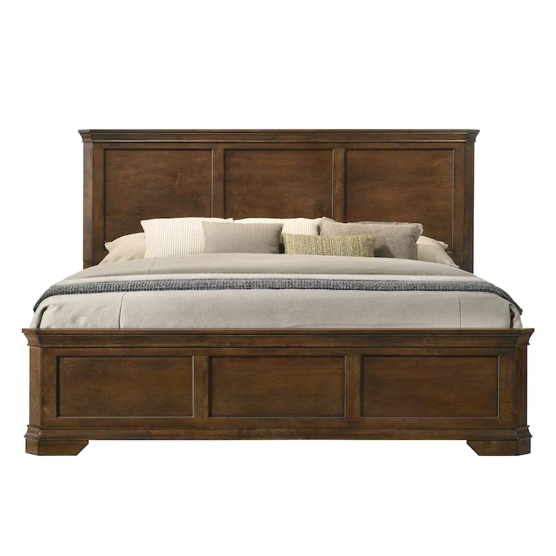 Roundhill Furniture Maderne 3-Piece Wood Bedroom Set, Panel Bed and Two Nightstands, Antique Walnut Finish