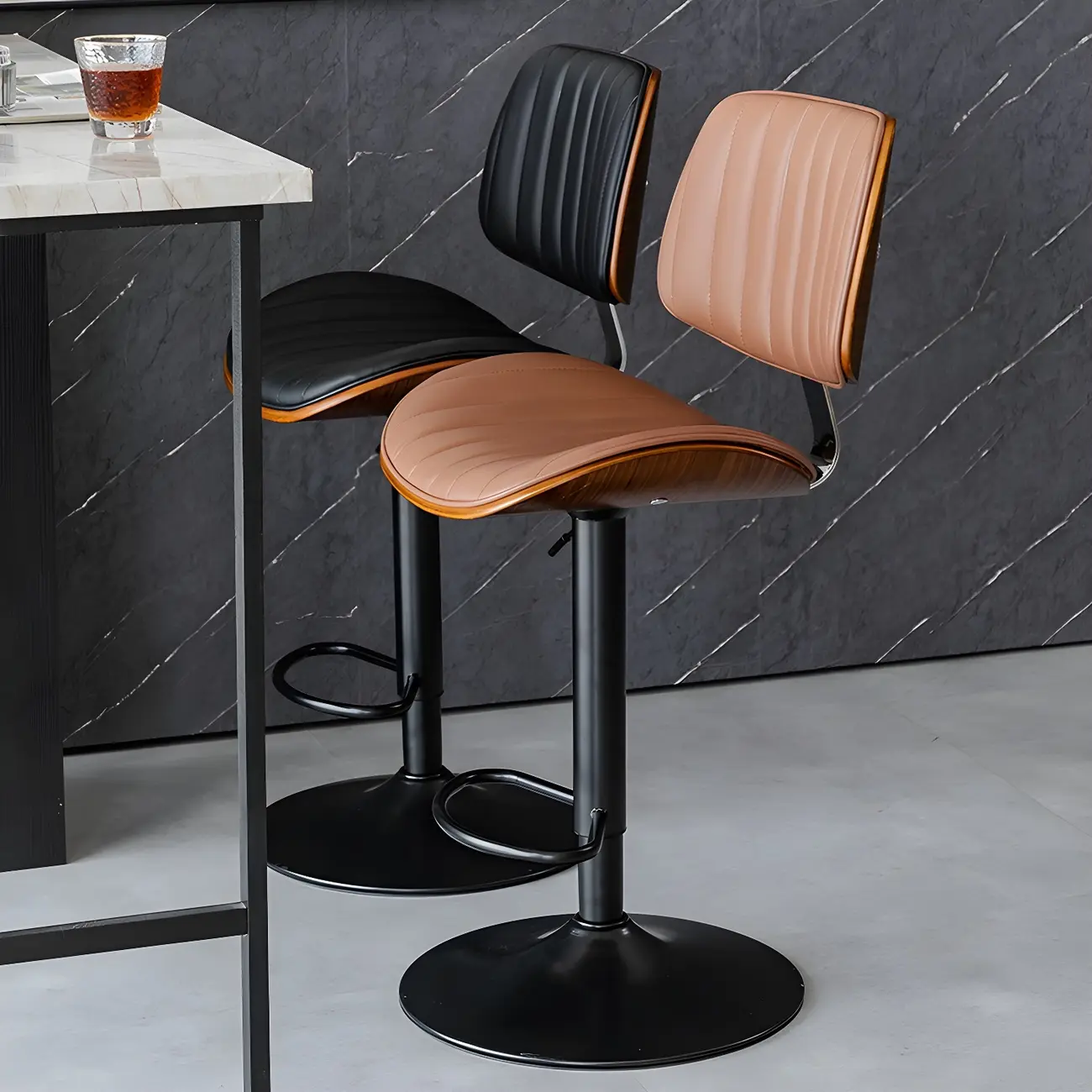 Adjustable Height Bucket Swivel Leather Bar Stool with Back
