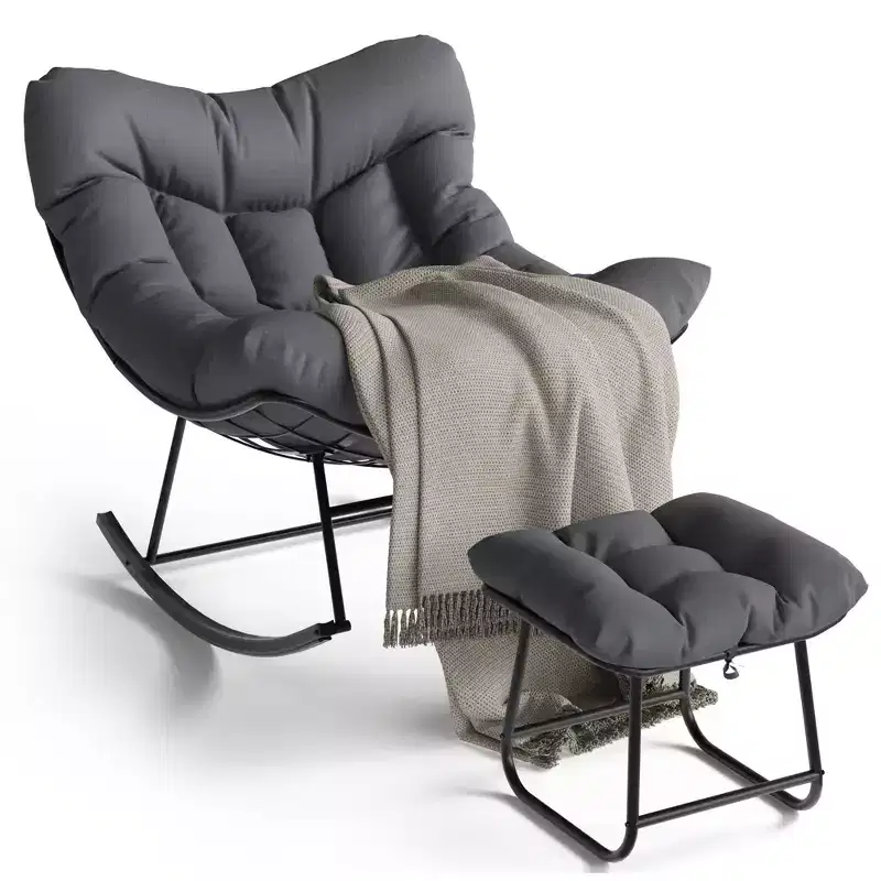 Patio Rocking Chair with Ottoman, Outdoor Indoor Rocking Egg Chair with Cushions, Metal Lounge Chair Oversized Papasan Chair for Porch Garden