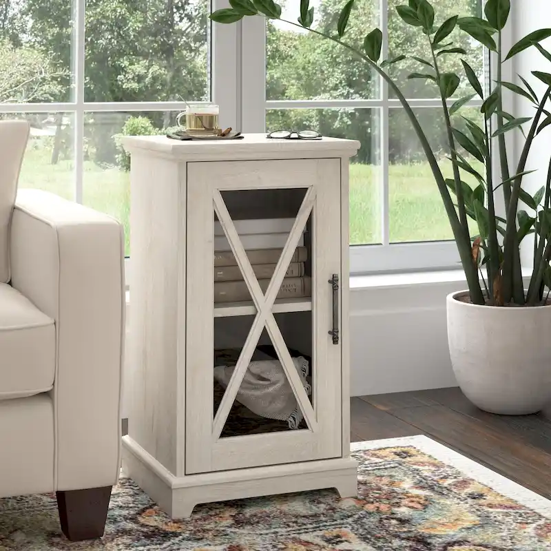 Linen White Oak Farmhouse End Table with Storage – 1-Person