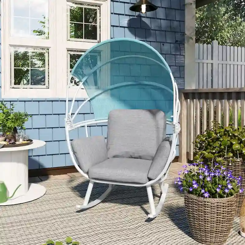 VredHom Outdoor Patio Rocking Egg Chair with Cushion and Folding Canopy