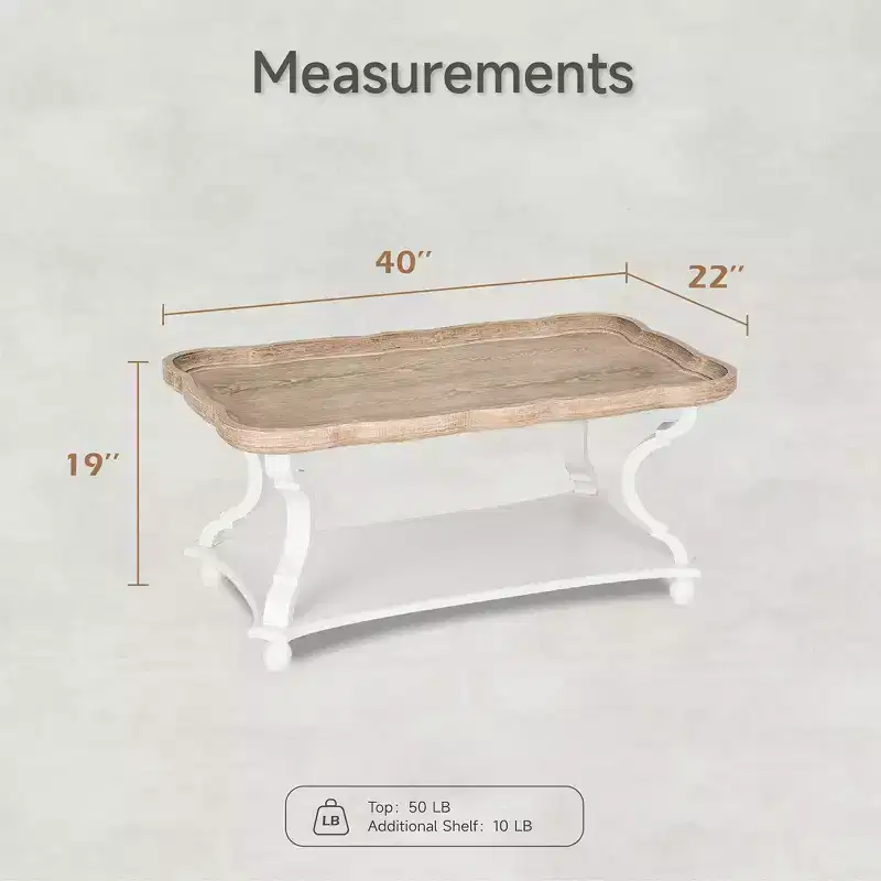COZAYH Coffee Table, Rustic Farmhouse Tray Top Accent Table with Storage Shelf - Cottagecore Living Room Table, Natural/White Handcrafted Finish