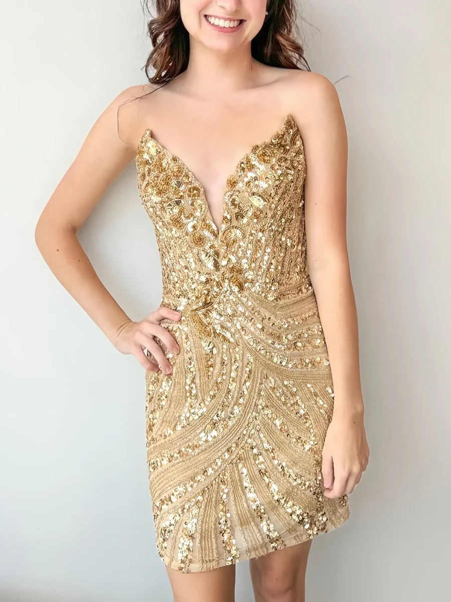 Gold - Strapless V Neck Sequins Bodycon Mini Party Dresses