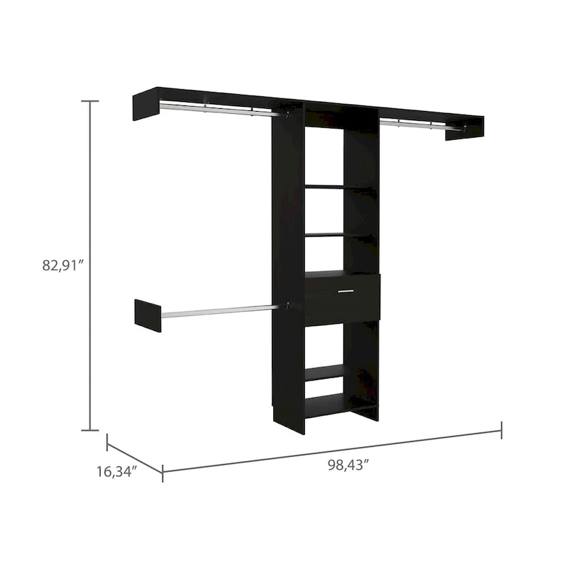 Cross Closet System with Drawer, 3 Metal Rods, and 5 Open Shelves