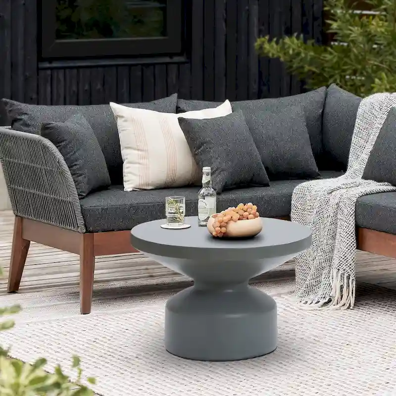 Grey MgO Round Coffee Table, Indoors and Outdoors - 16.14  H x 24.21  W x 24.21  D