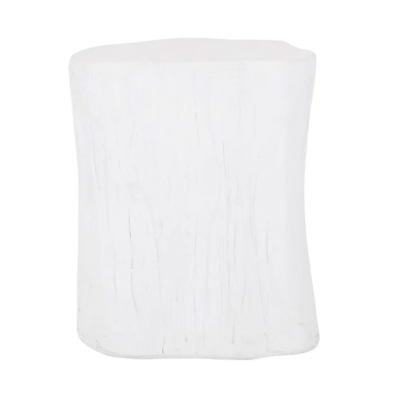Outdoor End Table, Tree Stump Design, White Concrete Frame, 16 Inch