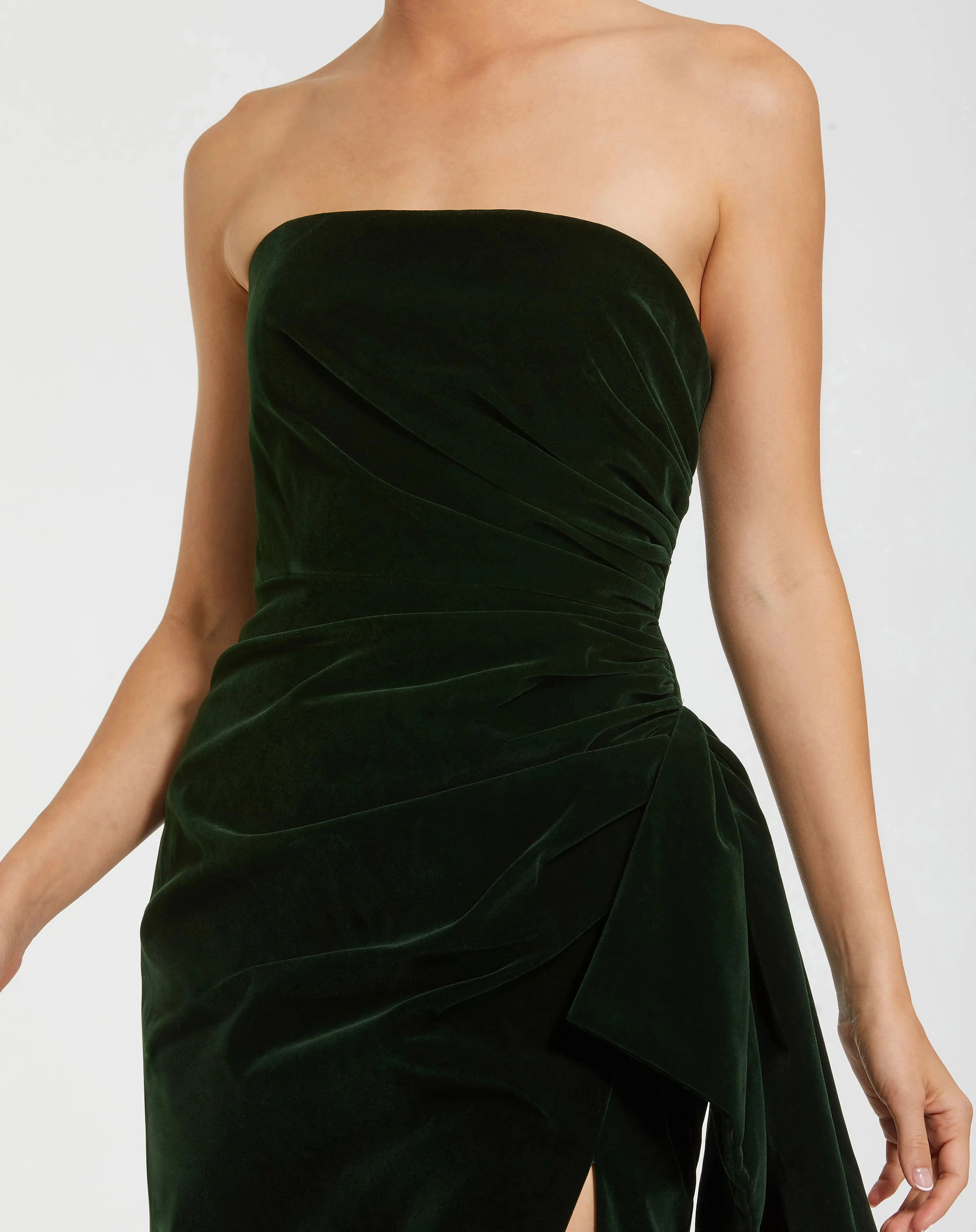 Green Strapless High Slit Draped Velvet Gown