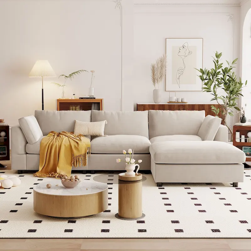 Beige 113 L-Shaped 4-Seat Sectional Sofa with Adjustable Footrest and Reversible Chaise