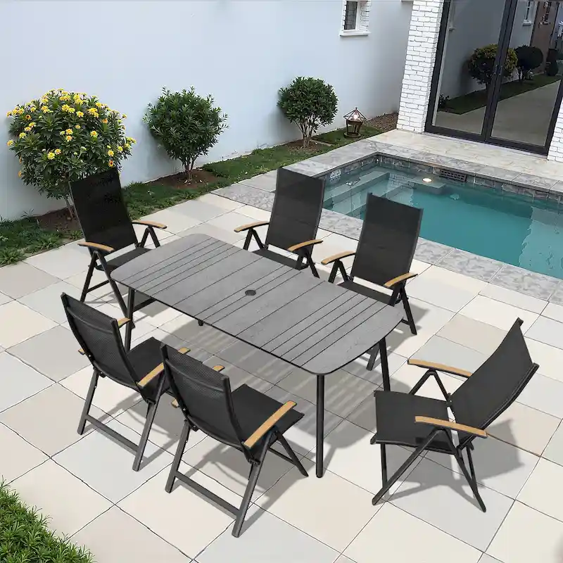 7/9PC Patio Dining Table Rectangular Aluminum Outdoor Table with Folding Chairs