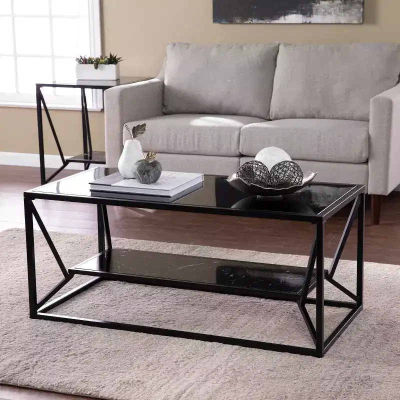 Argall Glass-Top Cocktail Table with Storage - Black - SEI