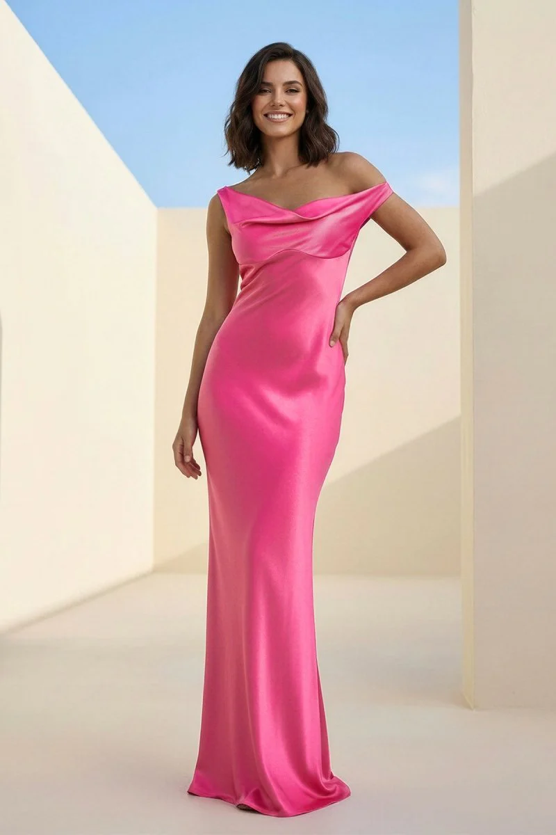 Fuchsia - One Shoulder Sheath Satin Long Prom Dresses