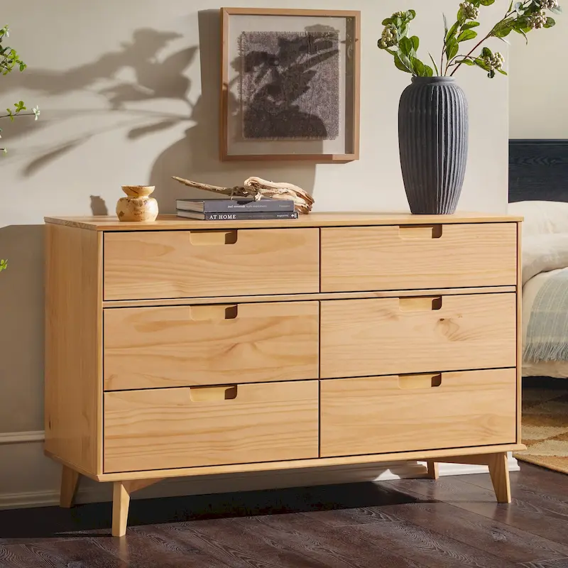 Mid-Century Modern Solid Pine 6-Drawer Dresser with Cut-Out Handles, 52