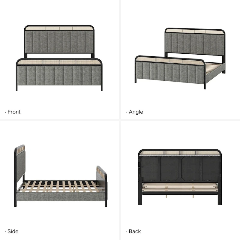 Alphons Modern Solid Wood Frame Ratten Bed with LED Headboard by HULALA HOME