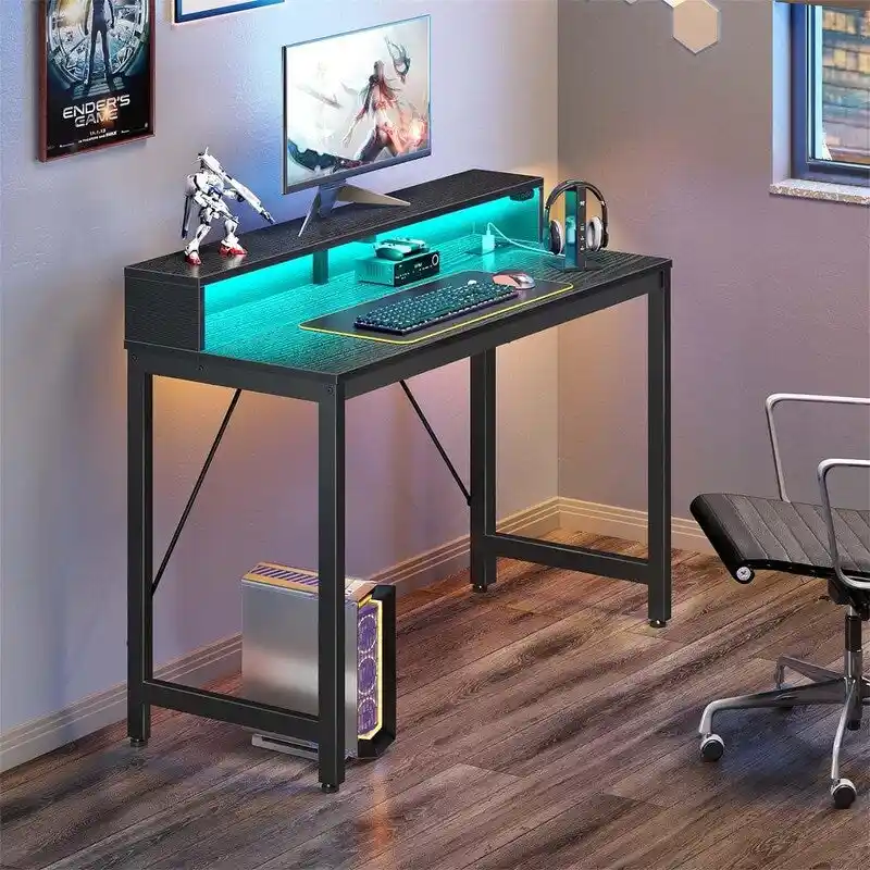 39-Inch Computer Desk with LED Lights and Built-In Power Strip