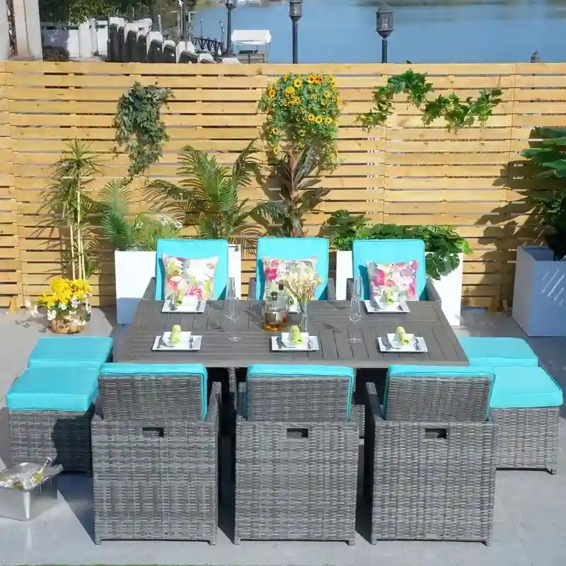 11-Piece Patio Wicker Aluminum Dining Table Set w/ Chairs and Ottomans