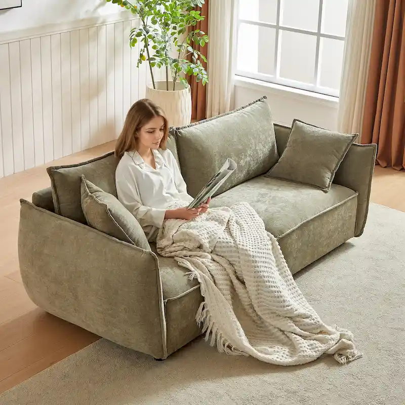 Light Green 88 Chenille 3-Seater Sofa with 2 Extra Pillows and Thickly Padded Seat