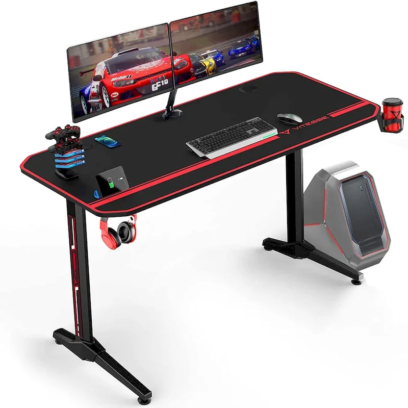 BOSSIN Ergonomic Gaming Desk T-Shaped Office PC Computer Desk with Full Desk Mouse Pad, Handle Rack, Cup Holder Headphone Hook