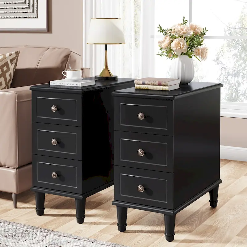 Solid Wood End Table with 3 Drawers, Fully Assembled Narrow Side Table
