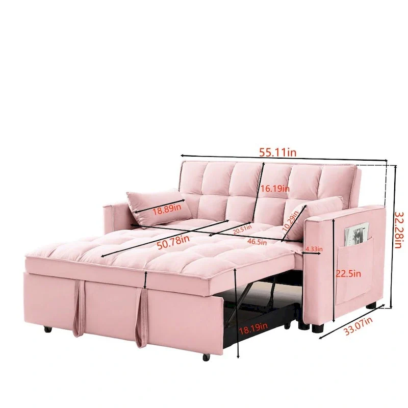 3 in 1 Convertible Velvet Sofa Couch w/Pullout Bed and Reclining Backres