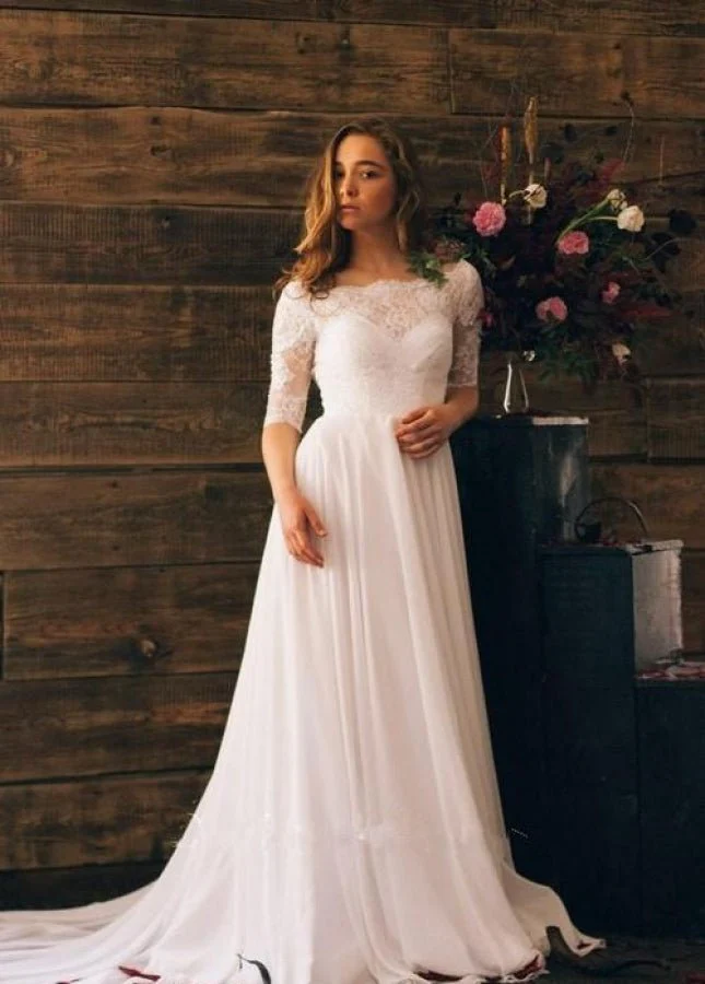 Elegant Lace Appliques Half Sleeves Chiffon Backless Boho Wedding Gowns