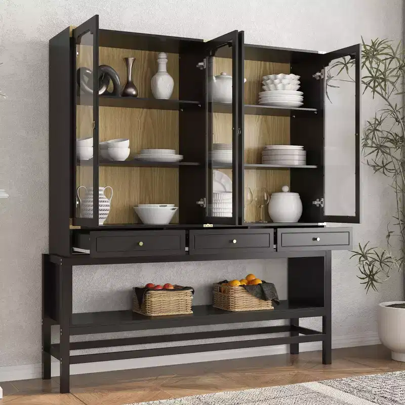Famapy Kitchen Pantry Cabinet with Glass Doors, Adjustable Shelves & Gold Accents: Perfect for Dishware, Tableware & Kitchen Decor Display