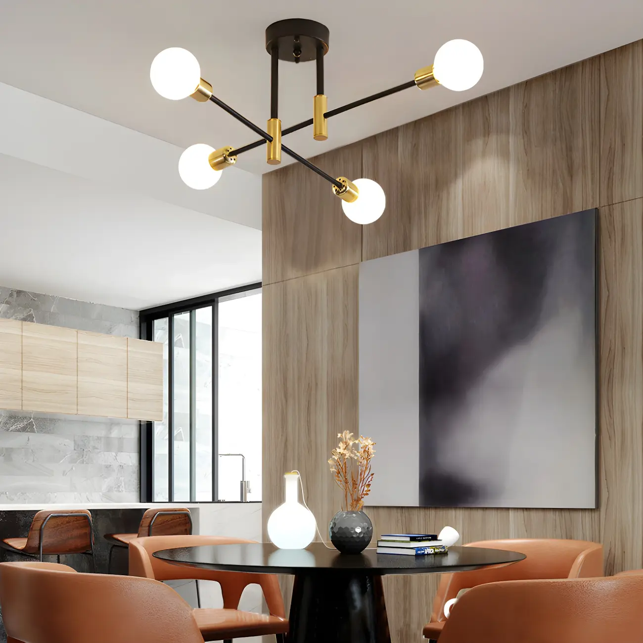 Modern Industrial Black Gold Sputnik Semi Flush Ceiling Light