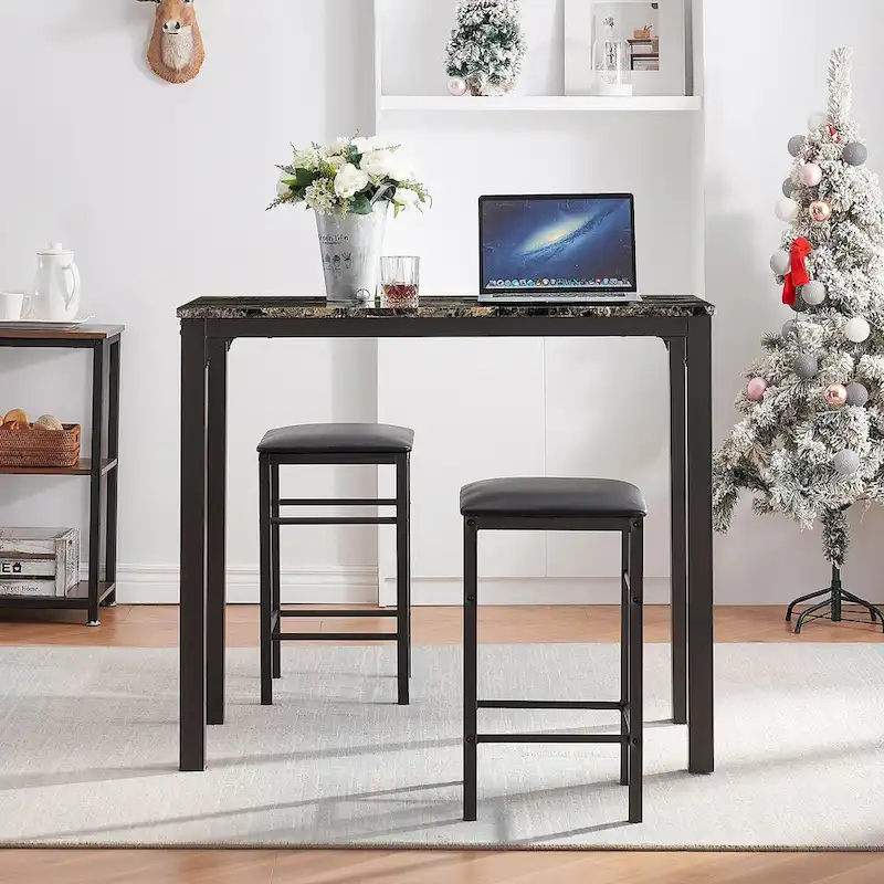 White Marble Pattern Counter Dining Set, Modern Style, Seats 2, Set of 3