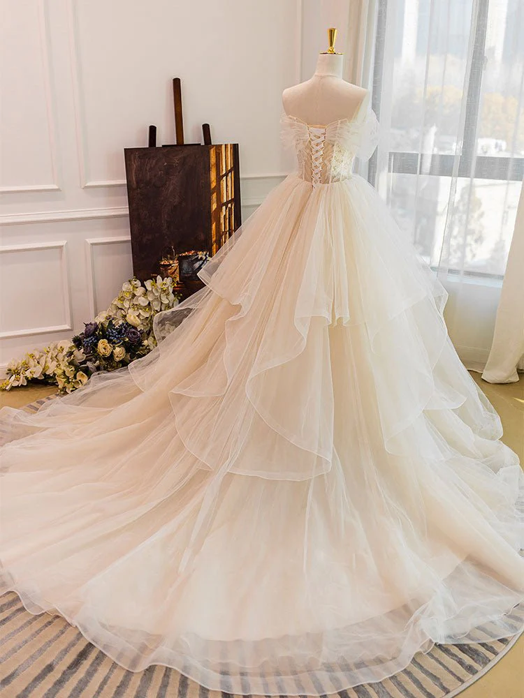 Champagne Tulle Lace Wedding Dress With Sweep Train