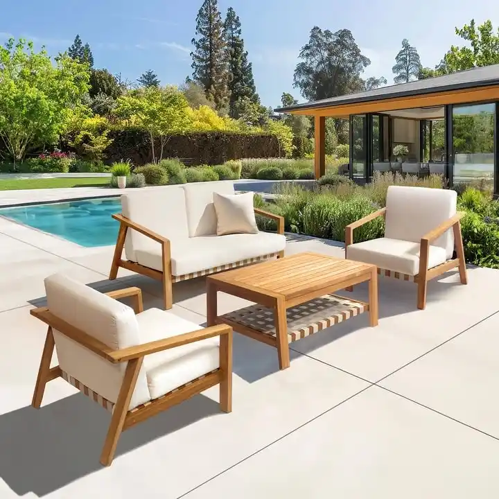 Kinger Home Luna 4-Piece Deep Seating Teak Wood Patio Furniture Set - Table Size: 26 L x 35.5 W x 16 H