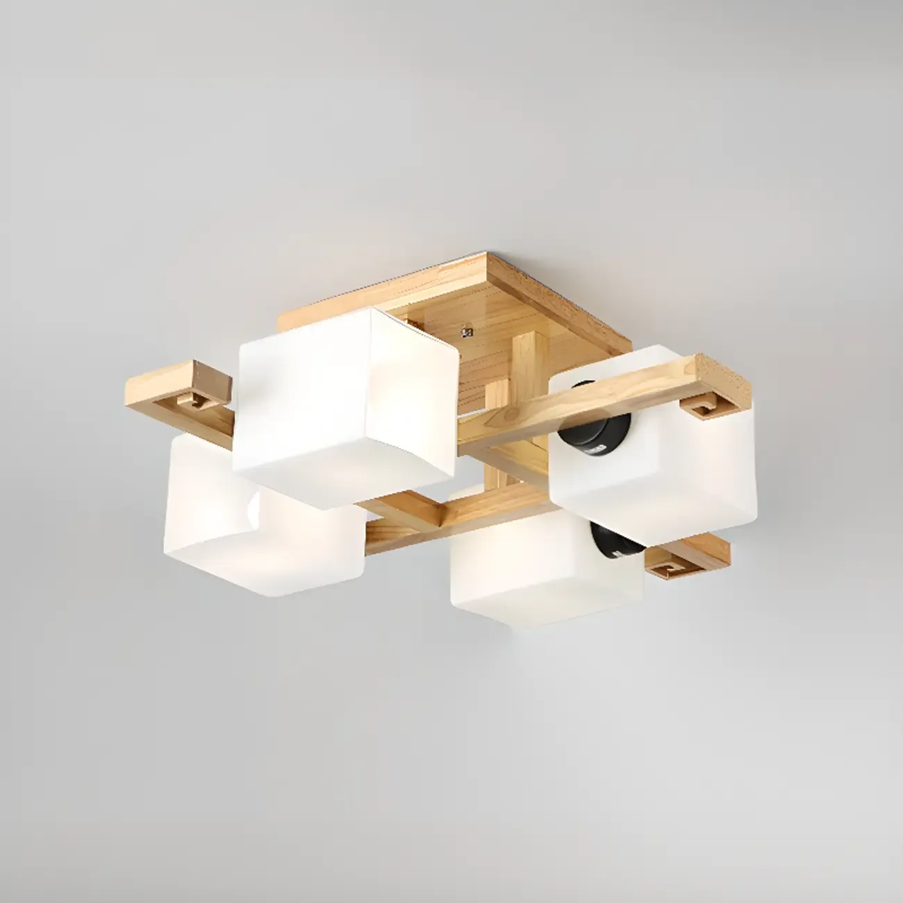 8.5 Height Square Glass Natural Wood Semi Flush Ceiling Light