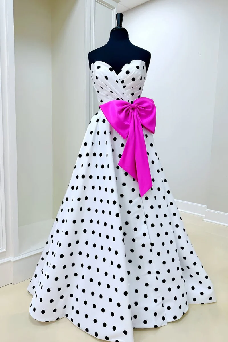 Fuchsia Strapless A Line Polka Dots Satin Long Prom Dresses With Bow