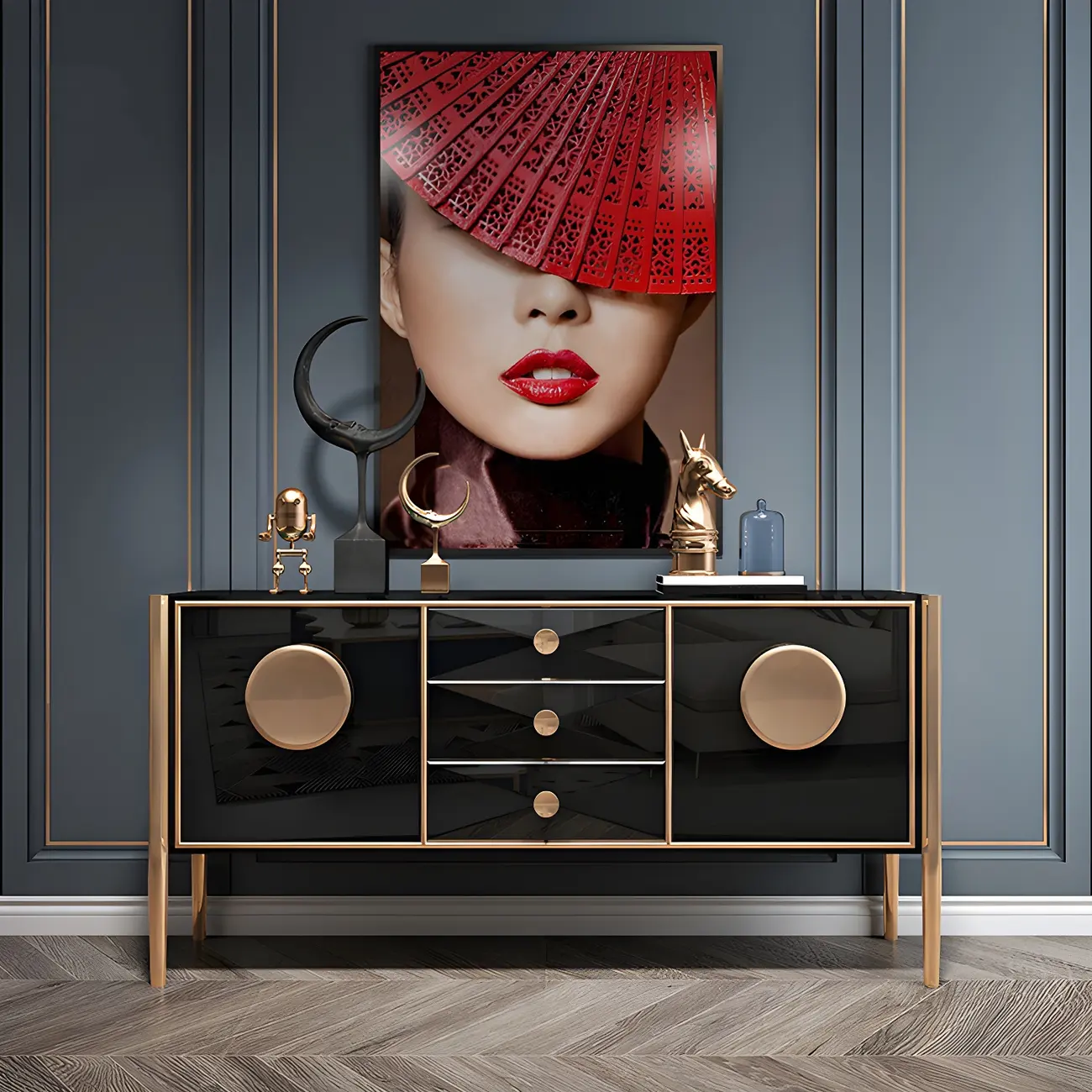 Modern Glossy Wooden Buffet Table with Drawers & Cabinets